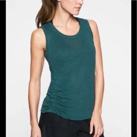 Athleta Linen Ruched Tank, Green/Teal, Size XXS - Picture 1 of 6